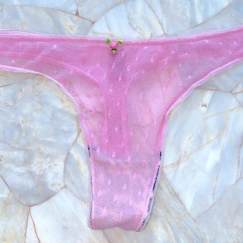 Betsey Johnson Pink Swiss Dot V-String Thong Panty Leopard Gusset Small NEW
